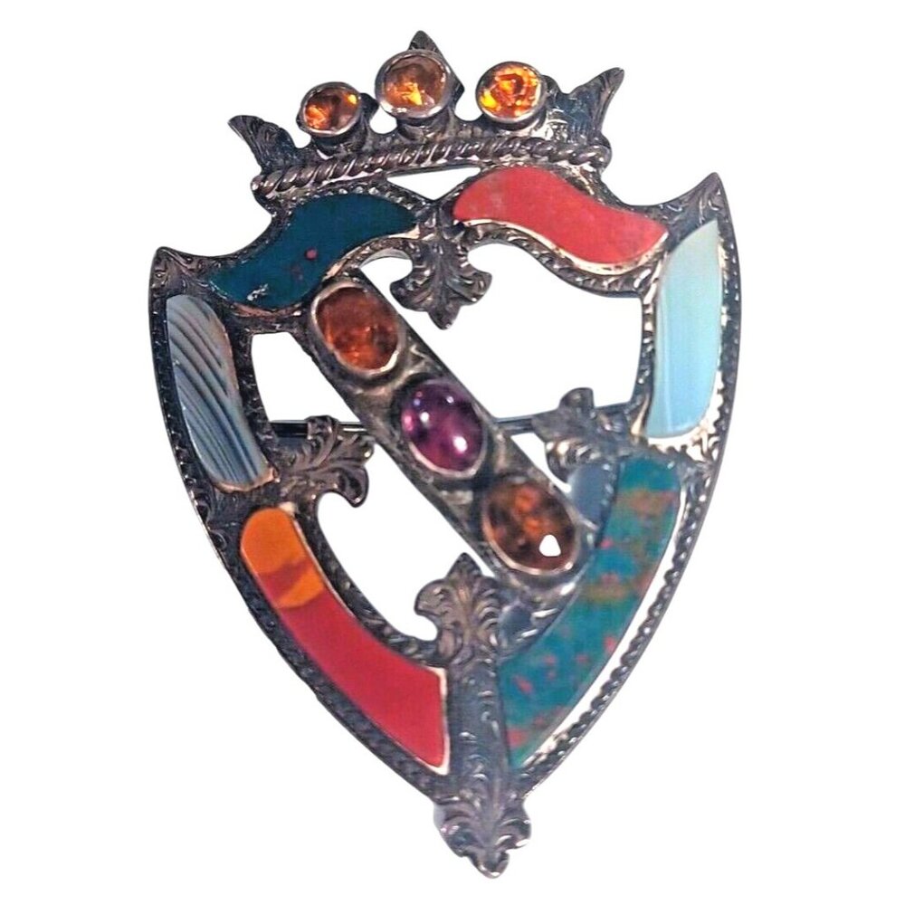 Victorian Sterling Silver Scottish Crest With Crown Agate Brooch Pin Circa 1890 - Picture 2 of 10